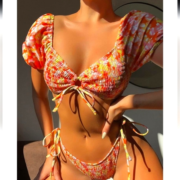 💚5/$25 Puff Sleeve Tropical Floral 2 Bikini Set Cheeky Bottom Smocked Swimsuit - Picture 8 of 8